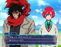 1boy 1girl amate_yuzuriha aqua_eyes black_hair closed_mouth crossover getter_robo grin gundam gundam_gquuuuuux highres jacket long_sleeves looking_at_viewer nagare_ryoma necktie red_hair red_scarf scarf school_uniform science_fiction shin_getter_robo shirt short_hair sideburns skirt smile super_robot_wars sweater translation_request tsubo_jiro