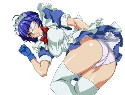 1girl ass blue_hair breasts eyepatch green_eyes highres ikkitousen large_breasts legs looking_at_viewer lying maid open_mouth panties ryomou_shimei short_hair solo thighs underwear yabusame