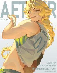 absurdres aether_(genshin_impact) alternate_costume ball basketball_(object) basketball_uniform bishounen blonde_hair braid braided_ponytail character_name clothes_lift english_text from_behind from_below genshin_impact highres kynlv licking_lips long_hair looking_at_viewer looking_back male_focus midriff muscular open_mouth shirt_lift simple_background single_braid sleeveless solo sportswear tongue tongue_out white_background yellow_eyes