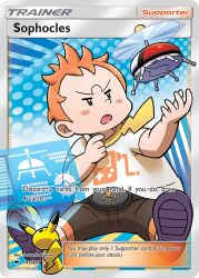 1boy :o artist_name belt blush blush_stickers brown_shorts character_name copyright_name copyright_notice creatures_(company) drone english_text game_freak gen_1_pokemon holographic_interface male_focus nintendo official_art open_mouth orange_hair pikachu pokemon pokemon_card pokemon_sm pokemon_tcg sakuma_sanosuke shirt shoes short_hair short_sleeves shorts sitting solo sophocles_(pokemon) t-shirt third-party_source trading_card white_shirt