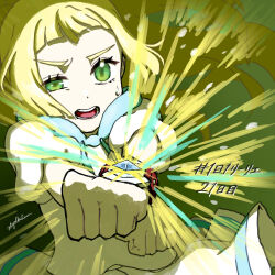 1girl blonde_hair clenched_hands commentary_request crossed_wrists eyelashes floating_hair green_eyes half-closed_eye highres hiyokko2min lillie_(pokemon) long_hair nintendo open_mouth pokemon pokemon_sm shirt short_sleeves skirt solo teeth translation_request white_shirt white_skirt z-move_trainer_pose z-ring