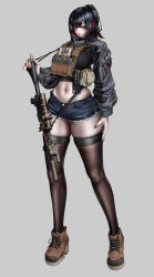1girl absurdres ar-15 assault_rifle black_hair breasts bulletproof_vest cropped_jacket denim denim_shorts full_body grey_background gun gun_sling hand_on_own_thigh highres incredibly_absurdres large_breasts load_bearing_vest looking_at_viewer lutjens-chan midriff multicolored_hair navel original red_eyes red_hair rifle short_shorts shorts simple_background skindentation solo streaked_hair thighhighs weapon