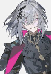 1boy black_shirt breasts coat coat_on_shoulders grey_background grey_hair hair_between_eyes hair_ornament looking_at_viewer male_focus medium_breasts original parted_lips pink_eyes qyzhiaiyisheng shirt simple_background smile solo upper_body