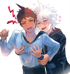 2boys :d ahoge black_jacket black_pants brown_hair danganronpa_(series) danganronpa_2:_goodbye_despair drooling gunmetalrose heart highres hinata_hajime jacket komaeda_nagito long_sleeves male_focus multiple_boys open_clothes open_jacket open_mouth pants pectoral_grab shirt short_hair smile white_hair white_shirt yaoi