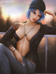 1girl arm_tattoo artist_name beanie black_hat black_hoodie blue_eyes blue_hair blue_pants bracelet breasts chloe_price cigarette cleavage denim hat holding holding_cigarette hood hoodie jeans jewelry life_is_strange_(series) life_is_strange_1 looking_at_viewer medium_breasts navel necklace open_clothes open_hoodie outdoors pants short_hair shoulder_tattoo sitting solo tattoo yupachu