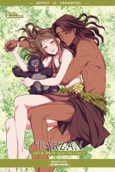 1boy 2girls absurdres animification bara black_hair brown_hair dark-skinned_male dark_skin dress highres jane_porter long_hair looking_at_viewer mizala multiple_girls muscular muscular_male nature short_hair smile tarzan_(disney) tarzan_(disney_movie) terk_(tarzan)