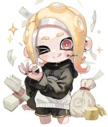 +_+ 1girl :q banknote black_jacket black_shorts blonde_hair coin commentary commentary_request cowboy_shot dot_nose ear_piercing glint hand_on_own_hip highres jacket jewelry medium_hair money money_bag multicolored_jacket multiple_rings myon_rio nintendo octoling octoling_girl octoling_player_character ok_sign one_eye_closed piercing ring short_shorts shorts solo sparkle splatoon_(series) symbol-only_commentary tentacle_hair thick_eyebrows tongue tongue_out two-tone_jacket white_background white_jacket yellow_trim