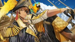 1boy bird black_gloves black_jacket black_pants black_vest blue_sky bracelet brown_hair brown_shoes cloud cocokanata dark-skinned_male dark_skin eyepatch feathers first_stage_production gale_galleon gloves green_eyes hat highres jacket jewelry male_focus official_art open_clothes open_jacket pants parrot pirate_hat shirt shoes sitting sky solo vest virtual_youtuber white_shirt yellow_eyes