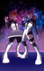 2girls absurdres boots full_body glowing glowing_eyes high_heel_boots high_heels highres holding holding_poke_ball jupiter_(pokemon) kaerujj looking_at_viewer mars_(pokemon) multiple_girls nintendo poke_ball pokemon pokemon_dppt purple_eyes purple_hair purple_lips red_eyes red_hair standing team_galactic team_galactic_uniform ultra_ball