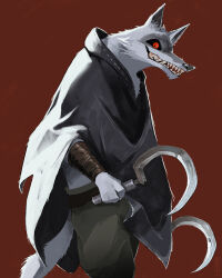 1boy absurdres animal_ears cape death_(puss_in_boots) dual_wielding fangs furry furry_male glowing highres holding holding_weapon jackalarts looking_at_viewer male_focus open_mouth puss_in_boots:_the_last_wish red_eyes shrek_(series) sickle smile solo weapon wolf wolf_boy wolf_ears
