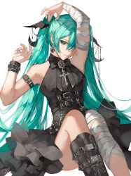 1girl aqua_eyes aqua_hair arm_strap armpits bandaged_arm bandaged_leg bandages black_dress boots collared_shirt commentary cross cross-section dress feet_out_of_frame frilled_dress frills goth_fashion halter_dress halterneck hashtag-only_commentary hatsune_miku highres looking_at_viewer out_of_frame qie serious shirt simple_background sitting solo strap symbol-only_commentary twintails vocaloid white_background
