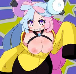 Rule 34 | 1girl, alternate breast size, bare shoulders, black jacket, blue hair, blush, bow-shaped hair, breastless clothes, breastless shirt, breasts, breasts out, character hair ornament, clenched teeth, collarbone, flashing, gen 1 pokemon, hair ornament, hanging breasts, iono (pokemon), jacket, large breasts, light blue hair, long sleeves, looking at viewer, magnemite, miyazero, multicolored hair, multicolored jacket, nintendo, no bra, no shirt, oversized clothes, pink hair, pokemon, pokemon sv, presenting, puffy areolae, puffy nipples, purple eyes, revision, screw, sharp teeth, shooting star, sleeves past fingers, sleeves past wrists, smile, solo, split-color hair, star (symbol), star symbol background, sweat, symbol in eye, teeth, third-party edit, twintails, two-tone hair, two-tone jacket, v-shaped eyebrows, yellow jacket
