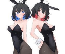 2girls ahoge bare_shoulders black_leotard black_pantyhose blue_eyes blue_hair bob_cut breasts cleavage closed_mouth collarbone covered_navel dual_persona honkai_(series) honkai_impact_3rd leotard looking_at_viewer medium_breasts multiple_girls pantyhose playboy_bunny red_eyes red_hair samate seele_(alter_ego) seele_vollerei short_hair simple_background white_background wrist_cuffs