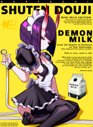 1girl absurdres alternate_costume bare_shoulders black_dress black_thighhighs breasts dress enmaided eyeliner fake_tail fate/grand_order fate_(series) highres horns looking_at_viewer maid maid_headdress makeup nerfechi oni purple_eyes purple_hair short_hair shuten_douji_(fate) skin-covered_horns small_breasts tail thighhighs