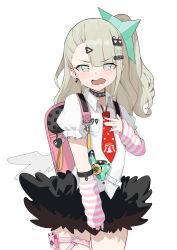 1girl absurdres arm_warmers asymmetrical_bangs backpack badge bag black_skirt blush bow button_badge charm_(object) collar collared_shirt cowboy_shot detached_sleeves earrings frills hair_bow hair_ornament hairclip heart heart_hair_ornament highres jewelry leg_ribbon long_hair looking_at_viewer necktie one_side_up open_mouth puffy_short_sleeves puffy_sleeves quan_mai_huo_mianbao randoseru red_necktie ribbon safety_pin shirt short_sleeves simple_background skirt solo standing striped_sleeves tearing_up tears thigh_strap virtual_youtuber white_background white_shirt wings x_hair_ornament zenless_zone_zero
