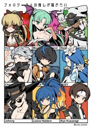 Rule 34 | abs, absurdres, adjusting clothes, adjusting gloves, animal print, arm pouch, bat print, bat wings, black bow, blue eyes, blue hair, blue jacket, blue streaks, bow, braid, braided ponytail, breasts, bridal gauntlets, brown eyes, brown hair, capcom, character name, chipp zanuff, cleavage, closed eyes, clothing cutout, clover, cowboy hat, crossover, dark-skinned female, dark skin, darkstalkers, demon girl, dizzy (guilty gear), eating, fingerless gloves, fire, fish (food), flower, followers favorite challenge, food, four-leaf clover, gloves, granblue fantasy, granblue fantasy versus: rising, green hair, guilty gear, guilty gear strive, hair flower, hair ornament, hands on own cheeks, hands on own face, hat, head wings, headband, heart cutout, highres, jacket, johnny (guilty gear), kusanagi kyou, leona heidern, long hair, low-braided long hair, low-tied long hair, marvel vs. capcom, marvel vs. capcom 3, mature female, morrigan aensland, multicolored hair, multiple boys, multiple crossover, multiple drawing challenge, multiple girls, nigirizushi, off-shoulder leotard, open clothes, open jacket, orange eyes, orange jacket, ponytail, praying, purple wings, pyrokinesis, queen dizzy, ramlethal valentine, red eyes, sach56000, school uniform, skull ornament, soldier, sunglasses, sushi, tank top, the king of fighters, the king of fighters xv, tomboy, turtleneck, unika (guilty gear), vira (granblue fantasy), white flower, white hair, white headband, wings, yellow tank top