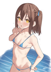 1girl :o bikini binsen blue_bikini blush breasts brown_hair collarbone hand_on_own_hip hand_up highres idolmaster idolmaster_million_live! kasuga_mirai looking_at_viewer one_side_up parted_lips short_hair side-tie_bikini_bottom signature solo standing string_bikini swimsuit water wet wet_hair white_background yellow_eyes