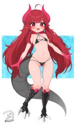 1girl ahoge bikini black_bikini blush breasts clawed_feet claws commentary_request dragon_girl dragon_tail earrings fangs full_body gluteal_fold highres horns jewelry long_hair looking_at_viewer navel necklace original pointy_ears ransusan red_eyes red_hair signature slit_pupils small_breasts smile solo swimsuit tail twitter_username very_long_hair