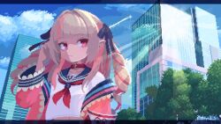 1girl animal_collar animated blonde_hair blue_sky building city cloud collar drill_hair fang light_rays looking_to_the_side makaino_ririmu nijisanji outdoors pixel_art pointy_ears red_eyes sailor_collar school_uniform serafuku shirokuro_(oyaji) skin_fang sky skyscraper solo sunbeam sunlight tagme tree twintails video virtual_youtuber wind