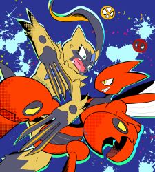 2others absurdres alternate_color anger_vein angry animal_ears animal_hands arm_up artist_name bags_under_eyes blue_background body_fur claws clenched_teeth constricted_pupils deadpool_&amp;_wolverine deadpool_(series) drop_shadow eye_contact fangs fighting furry gen_2_pokemon green_eyes grey_fur highres insect_wings kurimaro looking_at_another marvel marvel_cinematic_universe multiple_others nintendo open_mouth other_focus pokemon pokemon_(creature) scizor sharp_teeth shiny_pokemon sideways_mouth signature sneasler splatter_background teeth twitter_username two-tone_fur white_wings wide-eyed wings yellow_eyes yellow_fur