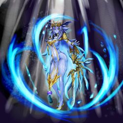 Rule 34 | 1boy, blue eyes, blue hair, body markings, bottomless, breasts, cleavage, dominus impulse, duel monster, full body, hand on hilt, head wings, highres, holding, holding sword, holding weapon, large breasts, long hair, niziko, revealing clothes, sideless outfit, solo, sword, tiara, very long hair, weapon, wings, yu-gi-oh!