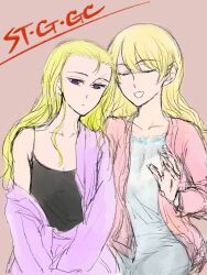 2girls alternate_costume alternate_hairstyle anmitsu_sd assam_(girls_und_panzer) bare_shoulders black_camisole blue_eyes blue_nightgown camisole closed_eyes collarbone darjeeling_(girls_und_panzer) girls_und_panzer hair_down highres multiple_girls nightgown pink_background pink_shirt purple_eyes purple_shirt shirt sitting sleepwear sleeveless