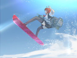 Rule 34 | 1girl, ahoge, arashi (kancolle), black skirt, black thighhighs, black vest, blouse, day, female focus, from side, kantai collection, open mouth, outdoors, red hair, red neckwear, rigging, shirt, short hair, short sleeves, skirt, sky, snow, snowboard, snowboarding, solo, thighhighs, vest, white shirt, yamaioni (sasakama)