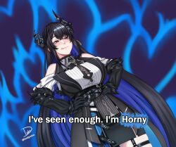 1girl asymmetrical_horns black_gloves black_hair blue_hair blush breasts cleavage cleavage_cutout clothing_cutout colored_inner_hair crystal_horns demon_horns dutch_angle english_text flower gloves hand_on_own_hip highres hololive hololive_english horn_flower horns large_breasts long_hair miniskirt mole mole_under_eye multicolored_hair nerissa_ravencroft o-ring o-ring_thigh_strap red_eyes romulproduce signature skirt smile solo subtitled thigh_strap tongue tongue_out twitter_username two-tone_hair uneven_horns very_long_hair virtual_youtuber
