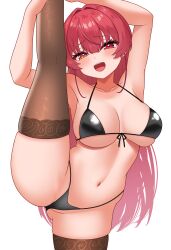 Rule 34 | 1girl, absurdres, bikini, black bikini, black thighhighs, blush, breasts, front-tie bikini top, front-tie top, heterochromia, highres, hololive, houshou marine, large breasts, long hair, navel, open mouth, red eyes, red hair, simple background, skindentation, smile, solo, split, standing, standing on one leg, standing split, swimsuit, thighhighs, virtual youtuber, white background, yellow eyes, zakitaku8311