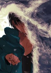 Rule 34 | 1girl, absurdres, androgynous, black hair, black shirt, clenched hand, closed mouth, fire punch, highres, hood, hood down, long sleeves, male focus, oji-sama (ochi4t), shirt, solo, togata (fire punch), upper body, waves, wet face, white background