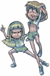 2girls blonde_hair blue_shirt braces brown_hair clothes_lift conoghi disney flat_chest glasses green_shorts hairband index_finger_raised jackie_wackerman jumping kendall_perkins kick_buttowski loli long_hair looking_at_viewer multiple_girls navel nipples open_mouth ponytail shirt shirt_lift shoes short_hair short_sleeves shorts simple_background sneakers socks standing teeth white_background white_socks