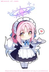 1girl absurdres alternate_costume apron black_dress blonde_hair blue_archive blue_hair blush chibi chibi_only closed_mouth commentary_request cup dress enmaided frilled_hairband frills full_body hairband halo heart highres holding holding_teapot holding_tray long_sleeves looking_at_viewer maid maid_headdress mika_(blue_archive) multicolored_hair murasame_(sword_of_nmkr) pantyhose pink_hair pink_halo simple_background smile solo spoken_heart standing teacup teapot tray waist_apron white_apron white_background white_hairband white_pantyhose
