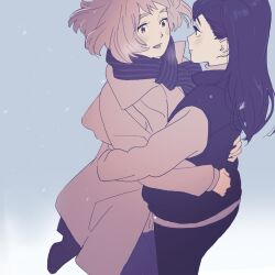 2girls 55bata6rou black_hair black_pants black_scarf black_vest blue_background breath brown_coat brown_hair coat eye_contact face-to-face highres hirayama_akari hug long_hair long_sleeves looking_at_another miyake_ayano_(ookubo_ayano) multiple_girls open_mouth otona_ni_nattemo pants scarf short_hair smile snowing standing vest winter_clothes