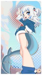 absurdres animal_ears ben-day_dots blue_eyes blue_hoodie blue_shorts bubble chibi coral fangs fins fish_tail gawr_gura hair_ornament highres hololive holomyth hood hoodie mamovt open_mouth screentones shark_girl shark_tail shoes short_hair shorts smile sneakers stitches tail tongue tongue_out underwater v virtual_youtuber white_hair