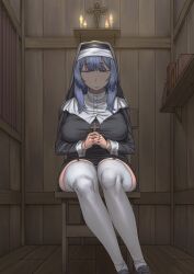 Rule 34 | 1girl, absurdres, blue hair, breasts, candle, closed eyes, confessional, cross, crucifix, garter straps, highres, holding, holding cross, homeerosu, large breasts, long hair, mole, mole under eye, nun, on chair, original, praying, sitting, solo, thighhighs, thighs, white thighhighs