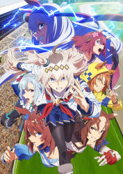 Rule 34 | 6+girls, animal ears, black gloves, black pantyhose, blue eyes, blue hair, blue sailor collar, blue skirt, braid, brown eyes, brown hair, clenched teeth, crown braid, dictus striker (umamusume), electricity, fingerless gloves, flower, gloves, grey hair, grin, hair flower, hair ornament, highres, hood, hoodie, horse ears, horse girl, horse tail, key visual, long hair, long sleeves, looking at viewer, looking back, mejiro ardan (umamusume), miniskirt, multiple girls, neckerchief, official art, oguri cap (umamusume), open mouth, pantyhose, promotional art, purple eyes, red gloves, red neckerchief, running, sailor collar, sakura chiyono o (umamusume), short hair, skirt, smile, super creek (umamusume), sweat, tail, tamamo cross (umamusume), teeth, umamusume, umamusume: cinderella gray, yaeno muteki (umamusume), yellow eyes, yellow hoodie
