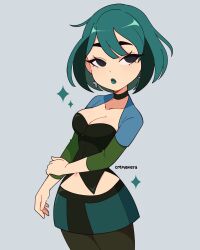 1girl absurdres aqua_hair artist_name black_eyes black_pantyhose breasts cartoon_network choker cleavage cremanata earrings goth_fashion grey_background gwen_(total_drama) highres holding_own_arm jewelry light_blush lips lipstick makeup medium_breasts midriff pantyhose short_hair skirt total_drama