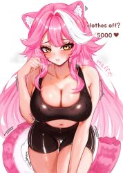 1girl alternate_costume animal_ear_fluff animal_ears bike_shorts black_shorts black_sports_bra breasts cat_ears cat_girl cat_tail cleavage hair_intakes highres hololive hololive_english large_breasts leaning_forward long_hair looking_at_viewer meowmaffura midriff navel paw_pose pink_hair raised_eyebrows raora_panthera shorts solo sports_bra tail very_long_hair virtual_youtuber yellow_eyes