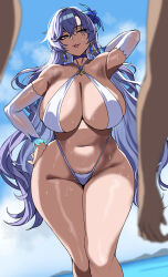 1girl 2boys arm_behind_head bare_shoulders blue_eyes blue_hair breasts cantarella_(wuthering_waves) collarbone curvy detached_sleeves earrings flower hair_flower hair_ornament hand_on_own_hip hella_p highres jewelry large_breasts lips long_hair multiple_boys shiny_skin sky swimsuit wet wide_hips wuthering_waves