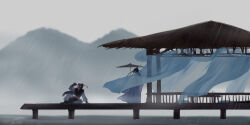 Rule 34 | 2boys, arm support, black boots, black hair, black hanfu, boots, chinese clothes, curtains, dock, hair ribbon, hanfu, headband, high ponytail, holding, holding jug, holding umbrella, jug (bottle), lan wangji, long hair, long sleeves, modao zushi, mountain, multiple boys, oil-paper umbrella, open mouth, pants, pier, ponytail, rain, red ribbon, red sash, ribbon, sash, sitting, standing, topknot, umbrella, water, wei wuxian, white hanfu, white headband, white pants, wide sleeves, xianduguaitan