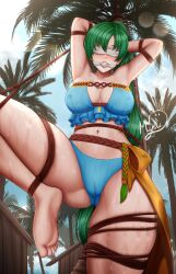 1girl alternate_costume armpit_crease armpits arms_behind_head artist_logo artist_name ball_gag bdsm belly belt bikini blindfold blue_bikini blue_sky blush bondage bound bound_arms bound_legs bound_torso breasts brown_belt cleavage cloth_gag collarbone female_focus fire_emblem fire_emblem:_the_blazing_blade fire_emblem_heroes frilled_bikini frilled_bikini_top frills from_below gag gagged green_hair highres improvised_gag logo long_hair lyn_(fire_emblem) lyn_(lady_of_the_beach)_(fire_emblem) medium_breasts midriff myeu navel nintendo official_alternate_costume outdoors palm_tree ponytail predicament_bondage rope sash shack sidelocks skin_tight skindentation sky soles solo stomach strapless strapless_bikini sweat sweatdrop swimsuit thick_thighs thighhighs thighs toes tree tropical very_long_hair wet yellow_sash
