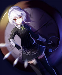 Rule 34 | 1girl, albino, alternate costume, black gloves, black thighhighs, braid, female focus, fingerless gloves, gauntlets, gloves, izayoi sakuya, juliet sleeves, knife, koumajou densetsu, koumajou densetsu 2, long sleeves, looking at viewer, maid, maid headdress, meng xiao jiong, pocket watch, puffy sleeves, red eyes, shirt, skirt, solo, thighhighs, throwing knife, touhou, twin braids, watch, weapon, white hair, zettai ryouiki
