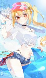 Rule 34 | 1girl, absurdres, alternate costume, baseball bat, bikini under shorts, black choker, blonde hair, breasts, choker, commentary request, denim, denim shorts, highres, holding, holding baseball bat, jujube 2513, long hair, luciana de montefio, medium breasts, midriff, navel, ocean, red eyes, shirt, shorts, side ponytail, solo, tied shirt, unbuttoned, visor cap, white shirt, zenless zone zero