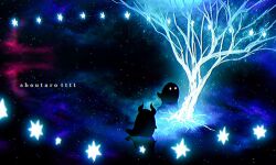 copyright_name ghost glowing glowing_eyes highres horns hoshikui night night_sky no_humans original shoutarou_(shoutarotttt) sitting sky space star_(sky) star_(symbol) starry_sky tree