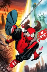 1girl backpack bag black_bodysuit bodysuit brown_hair building david_nakayama highres initial looking_at_viewer makawalu_akana marvel palm_tree red_bodysuit red_mask red_shoes shoes short_twintails skyscraper solo spider-girl spider-man_(series) statue_of_liberty superhero_costume tiki_idol tree twintails two-tone_bodysuit