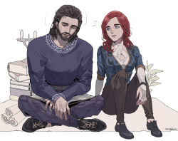 1boy 1girl aqua_eyes baldur&#039;s_gate baldur&#039;s_gate_3 beard black_shoes blue_shirt book brown_hair brown_pants byuub dungeons_&amp;_dragons dungeons_&amp;_dragons facial_hair gale_(baldur&#039;s_gate) indian_style long_hair pants purple_pants purple_shirt red_hair scroll shirt shoes sitting sleeping tav_(baldur&#039;s_gate)