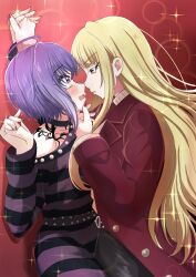 Rule 34 | 2girls, absurdres, black choker, blonde hair, blush, choker, coat, commentary request, d4dj, eye contact, grabbing another&#039;s chin, grey eyes, hand on another&#039;s chin, heart, heart-shaped pupils, highres, holding hands, interlocked fingers, kabedon, long hair, long sleeves, looking at another, mito youki, multiple girls, neck tattoo, neo (d4dj), parted lips, purple eyes, purple hair, purple shirt, red background, red coat, shirt, short hair, sophia (d4dj), sparkle, striped clothes, striped shirt, symbol-shaped pupils, tattoo, yuri