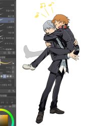 2boys art_program_in_frame brown_hair carrying carrying_person grey_hair hanamura_yousuke hug male_focus multiple_boys narukami_yu nt_26 persona persona_4 school_uniform yasogami_school_uniform