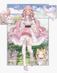 1girl ^_^ ahoge animal bare_shoulders belt black_belt black_bow black_ribbon blue_sky blush blush_stickers blushbunny border bow bow_choker bow_legwear bowtie bra_strap cat choker cloak closed_eyes closed_mouth clothed_animal cloud commentary commission cross-laced_clothes cross-laced_legwear day ear_covers english_commentary field flower frilled_shirt frilled_skirt frilled_sleeves frills fukosshi full_body grey_border hair_bow hair_ribbon happy highres holding holding_star hood hooded_cloak infinity_nikki kneehighs knees lavender_(flower) layered_skirt leg_up light_particles long_hair long_sleeves low_twintails mary_janes medium_skirt momo_(nikki) navel nikki_(nikki) nikki_(series) off-shoulder_shirt off_shoulder open_mouth origami outdoors outline outside_border paper_crane pawpads pink_bow pink_bowtie pink_choker pink_hair pink_ribbon pink_shoes pink_skirt pleated_skirt puffy_long_sleeves puffy_sleeves purple_flower rabbit red_bow red_bowtie ribbon see-through_clothes see-through_sleeves shirt shoes sidelocks single_stripe skeb_commission skirt sky smile snowflake_print socks star_(symbol) straight-on striped_bow striped_bowtie striped_choker striped_clothes traditional_bowtie tress_ribbon twintails twitter_username very_long_hair walking wavy_hair whimstar_(infinity_nikki) whiskers white_cat white_outline white_shirt white_skirt white_socks yarn yellow_cloak
