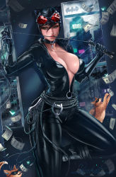 1girl banknote bat_signal batman_(series) biting black_bodysuit black_footwear black_gloves black_hair blue_eyes bodysuit breasts building cat catsuit catwoman choker cleavage collarbone commentary dc_comics dollar_bill domino_mask english_commentary gloves goggles goggles_on_head hair_between_eyes highres javier_estrada large_breasts mask money open_bodysuit open_clothes pinup_(style) rain selina_kyle skin_tight skyscraper standing unzipped whip window